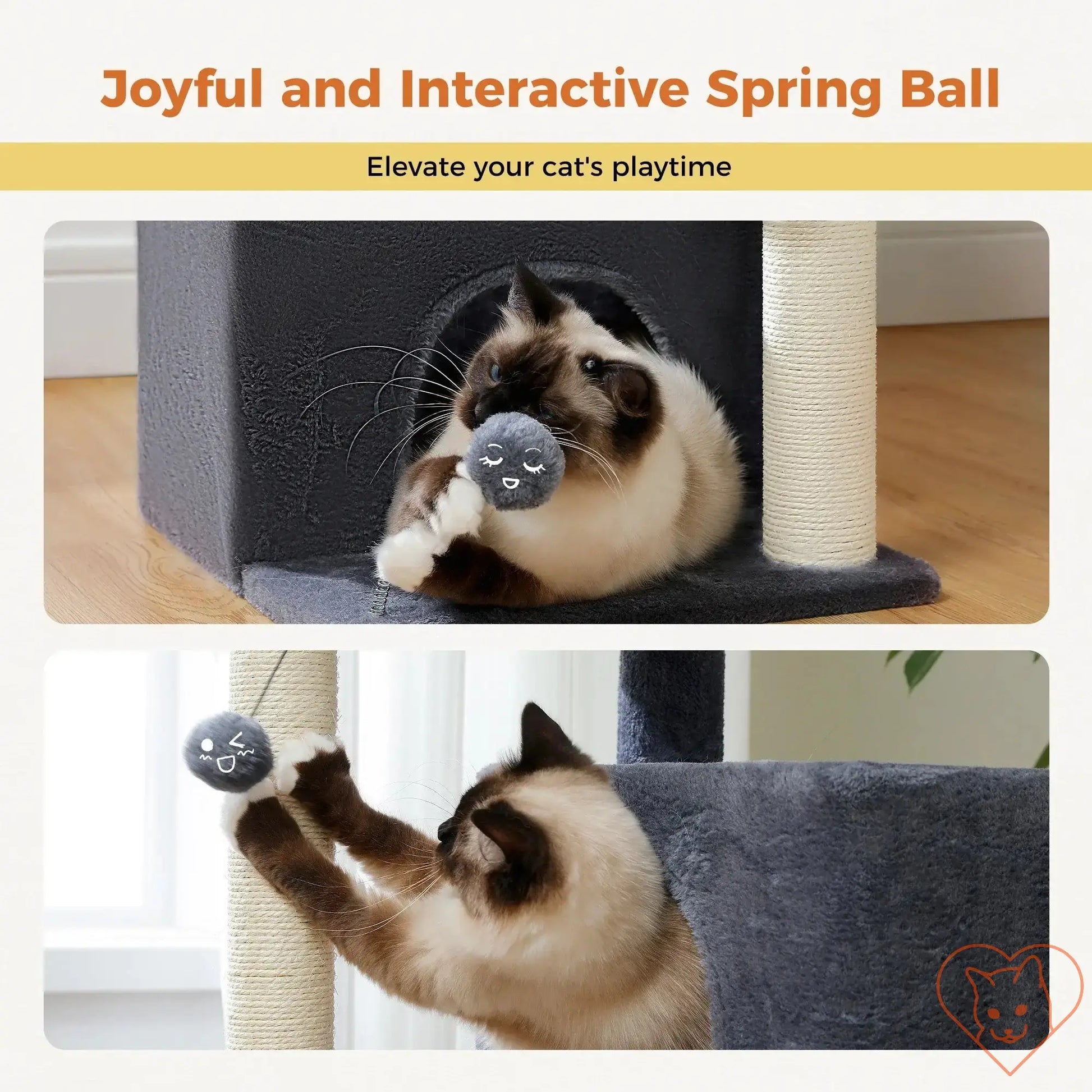 Cat playing with a joyful spring ball in a cat tree, enhancing interactive playtime.