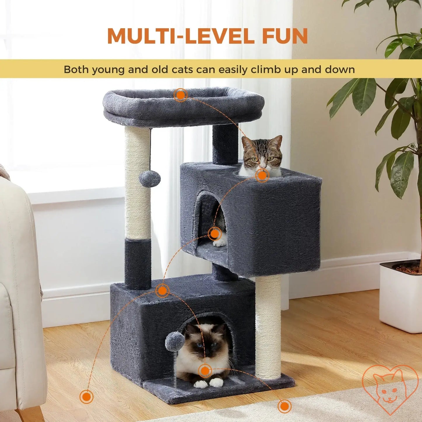 Cat tree for large cats featuring two condos and a perch, ideal for climbing and relaxing.