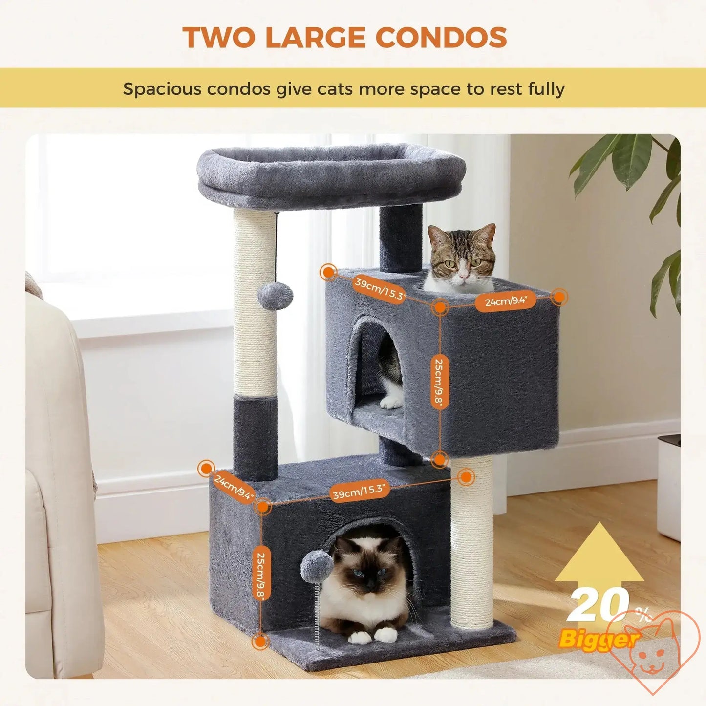 Cat tree showcasing two large condos for cats, providing ample space for rest and play.