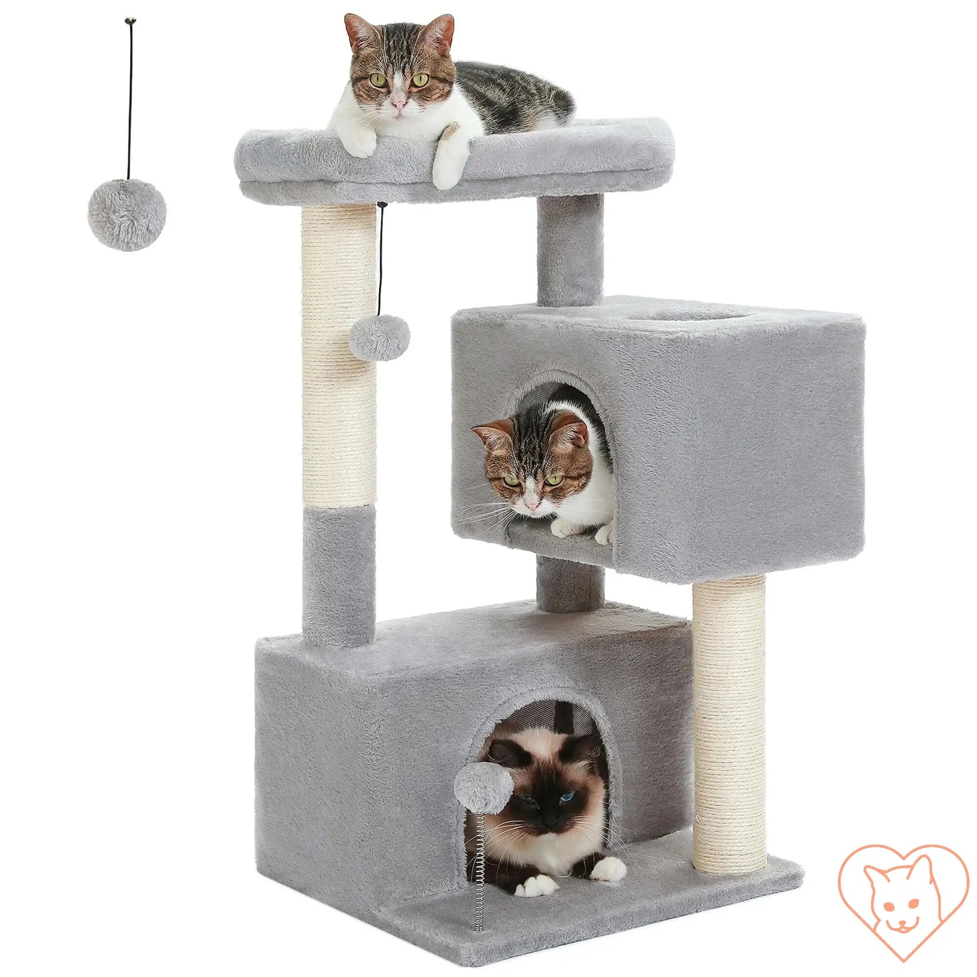 Cat tree for large cats with two condos and scratching posts, featuring playful felines enjoying the multi-level design.