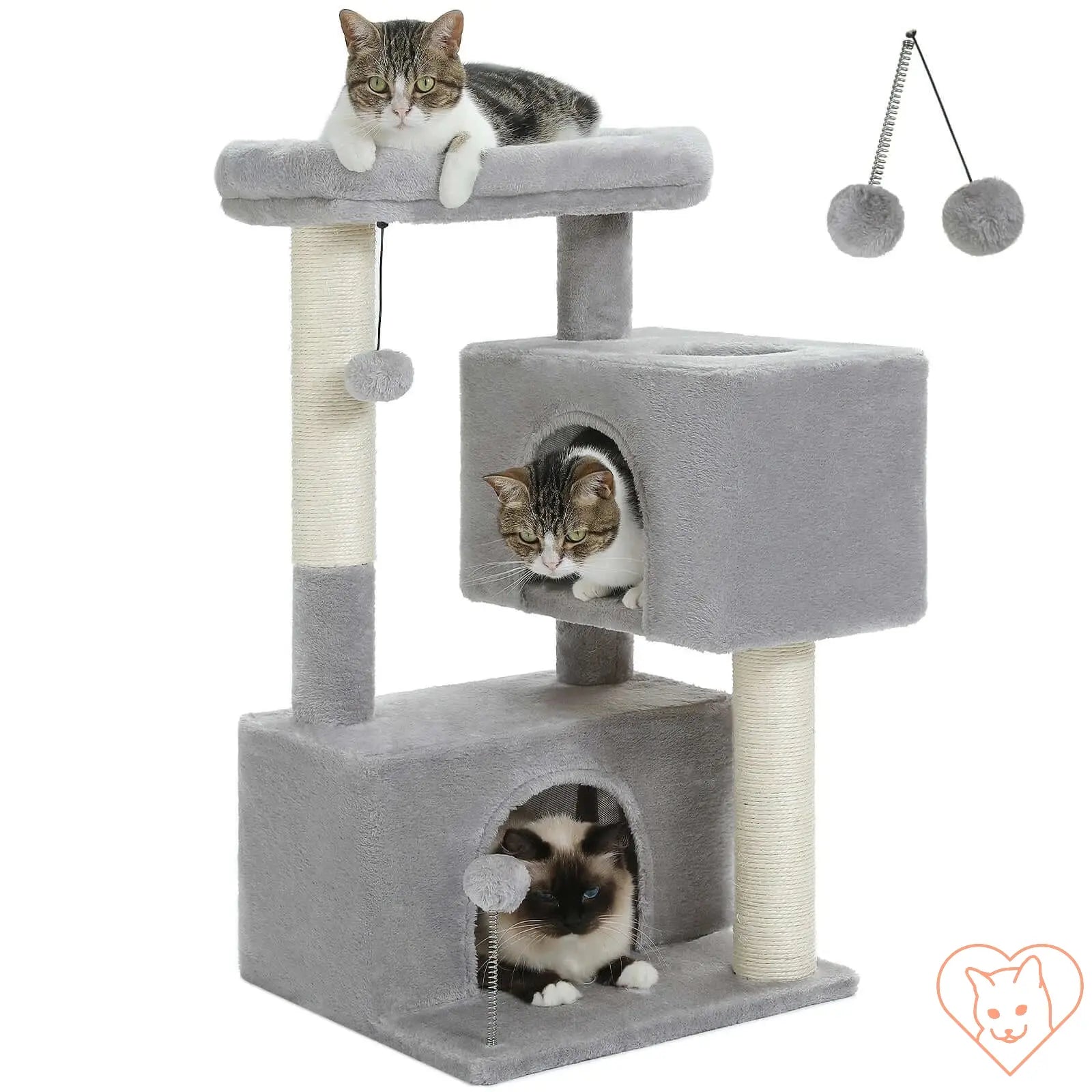 Large cat tree with two condos, scratching posts, and playful toys, perfect for multiple cats to climb and relax.