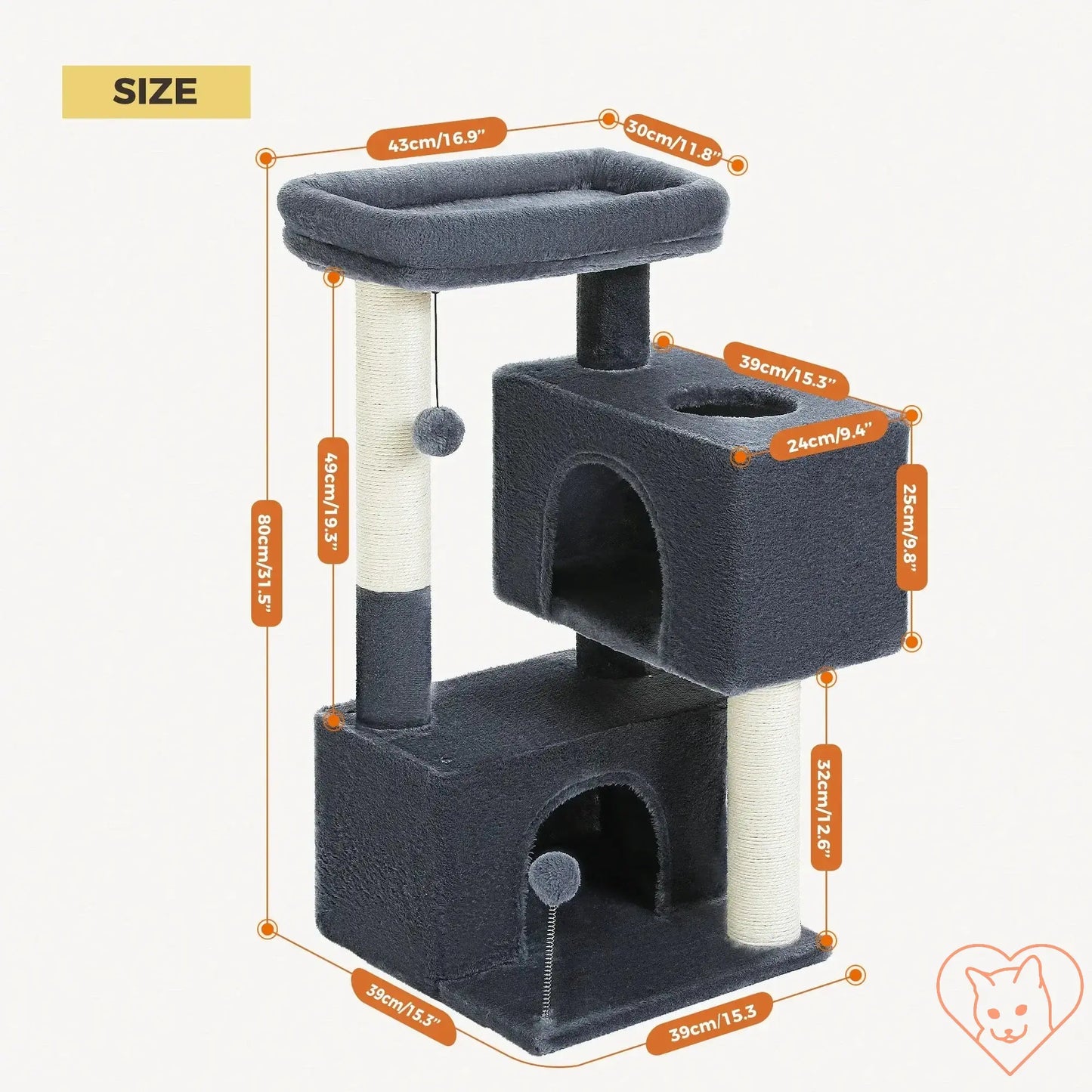 Dimensions of a Cat Tree for Large Cats with two condos, perch, and scratching posts in gray color.