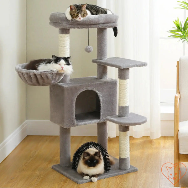 Three cats relaxing on a grey cat tree featuring plush perch, hammock, and scratching posts.