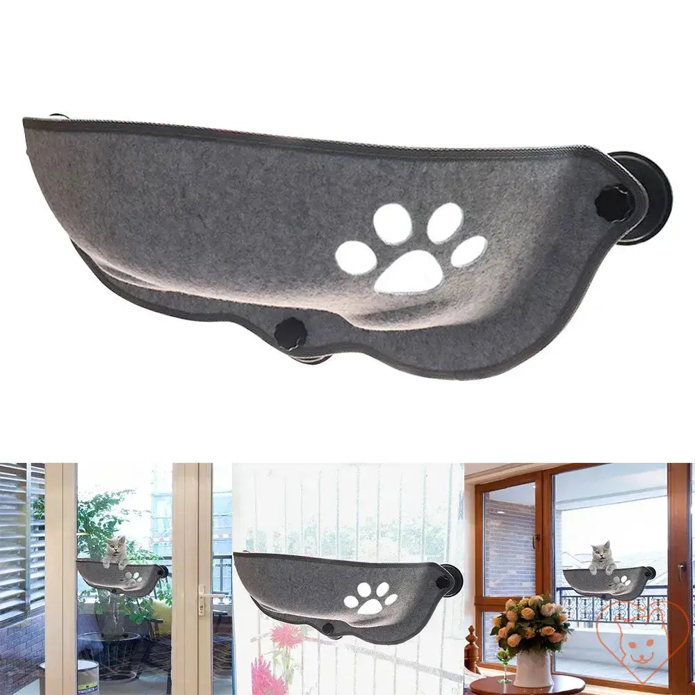 Cozy cat window hammock with strong suction cups, featuring a paw print design, perfect for sunny lounging.