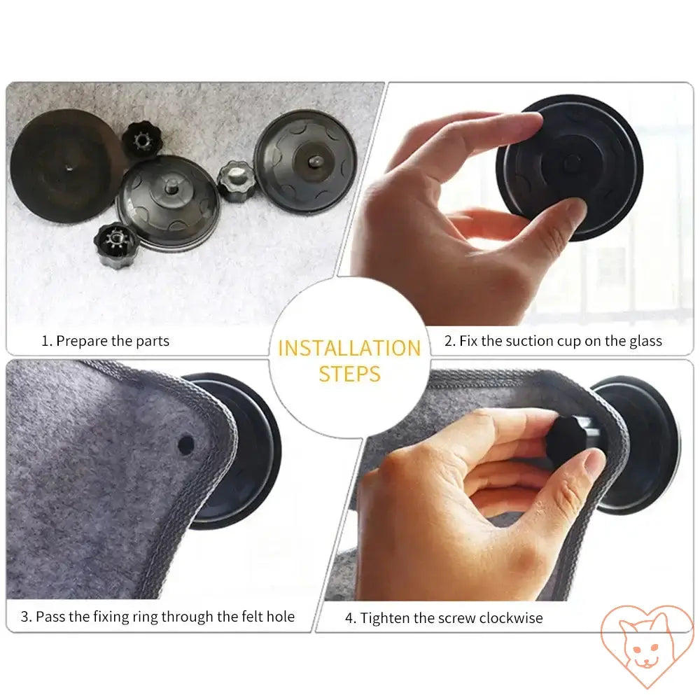 Steps to install Cat Window Hammock with strong suction cups, showing parts and assembly process.