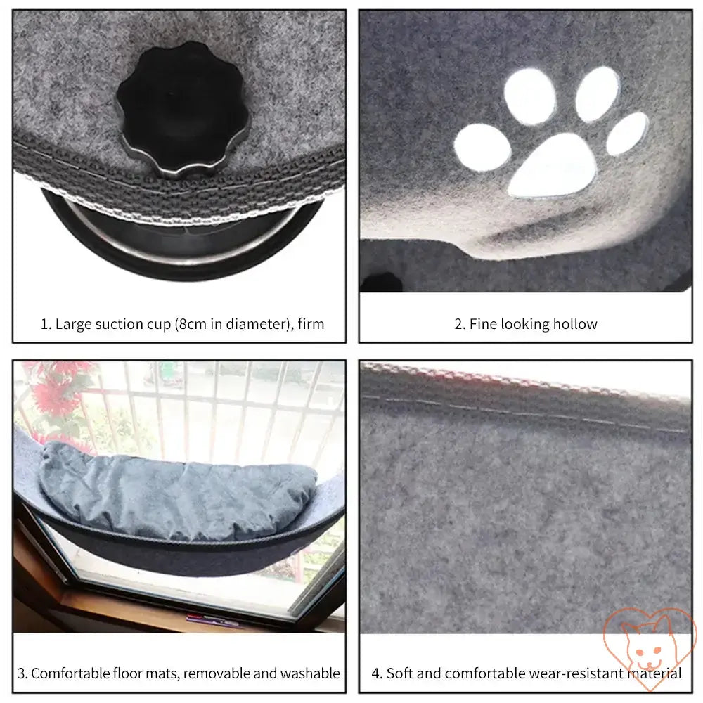 Images showcasing the Cat Window Hammock features: strong suction cups, fine hollow, removable mats, and soft material.