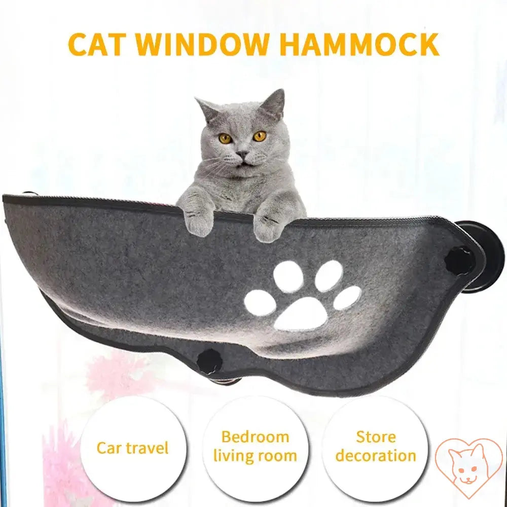 Cat lounging in a soft window hammock with suction cups, perfect for sunbathing and relaxation.