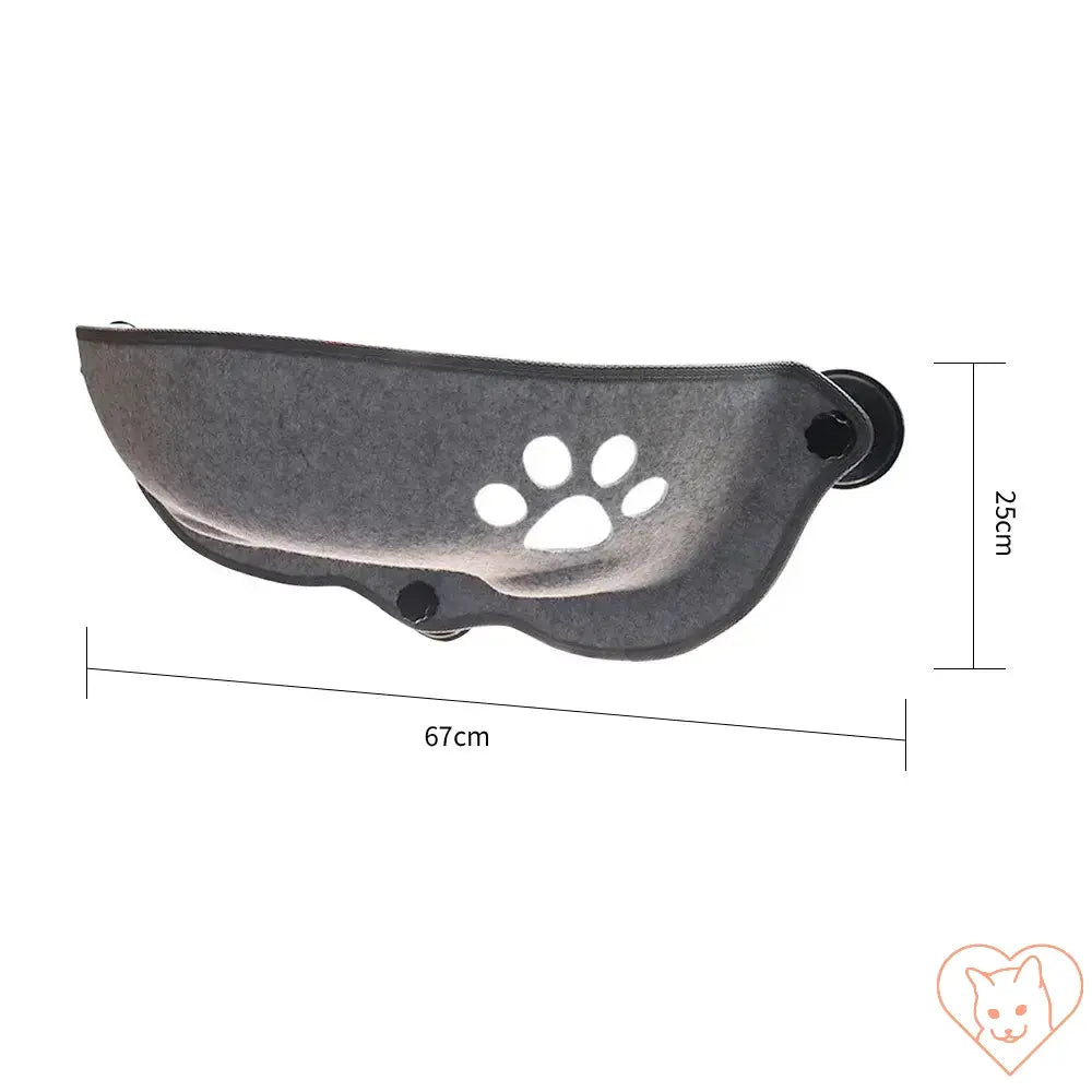 Cat window hammock made of soft felt with paw print and strong suction cups for secure attachment.