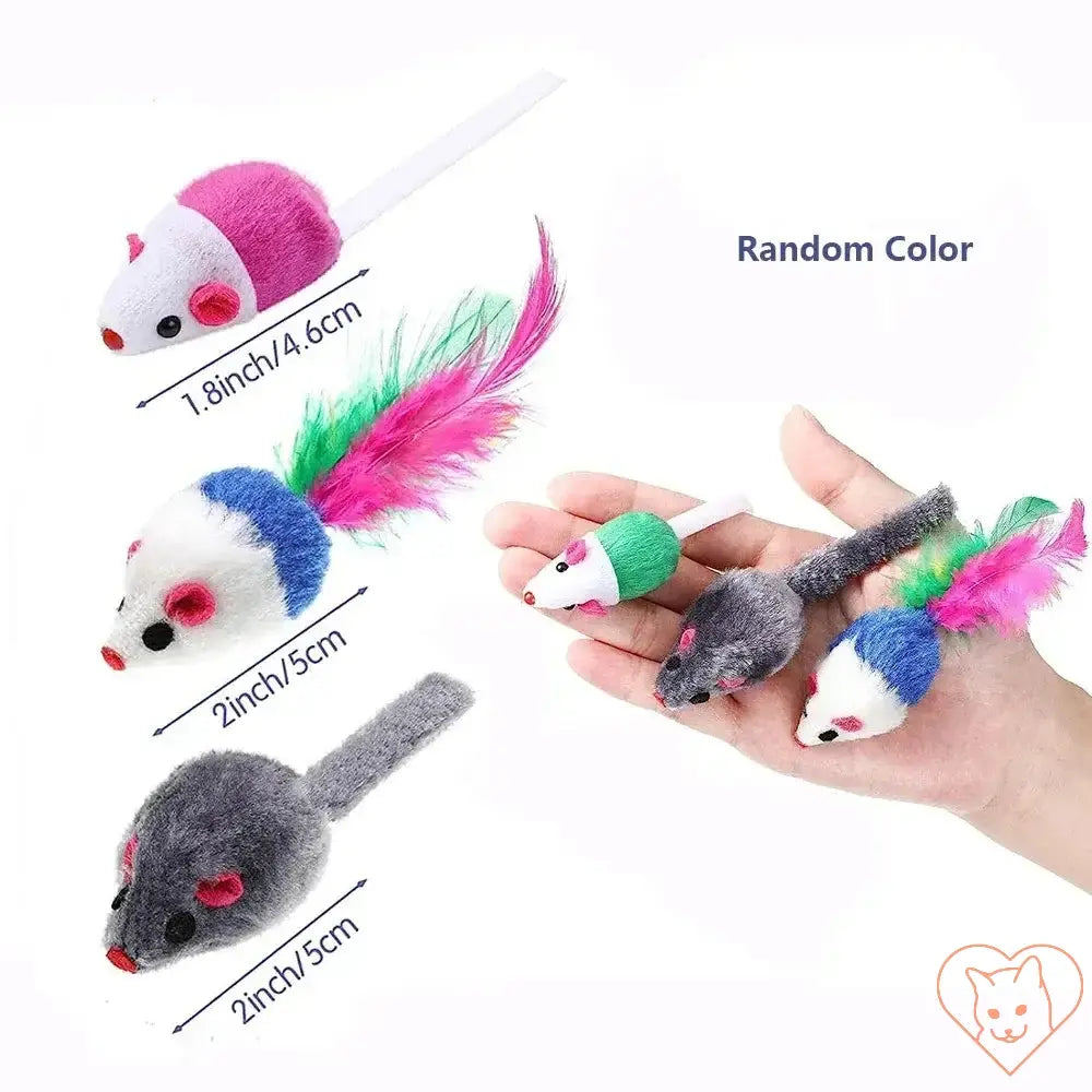 Various colorful faux fur catnip rattle mouse toys, designed for interactive play with cats, held in a hand.