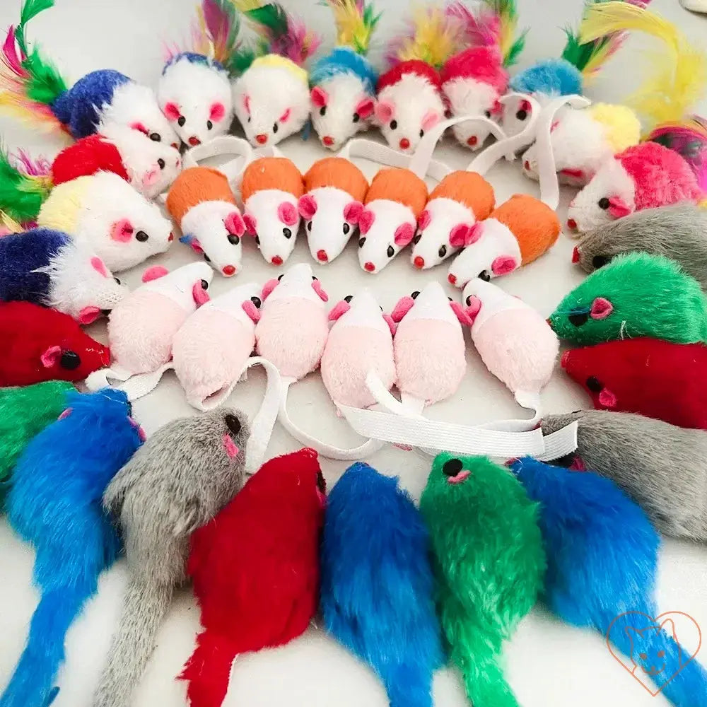 Colorful collection of 10 faux fur catnip rattle mouse toys arranged in a circle, designed for feline entertainment.