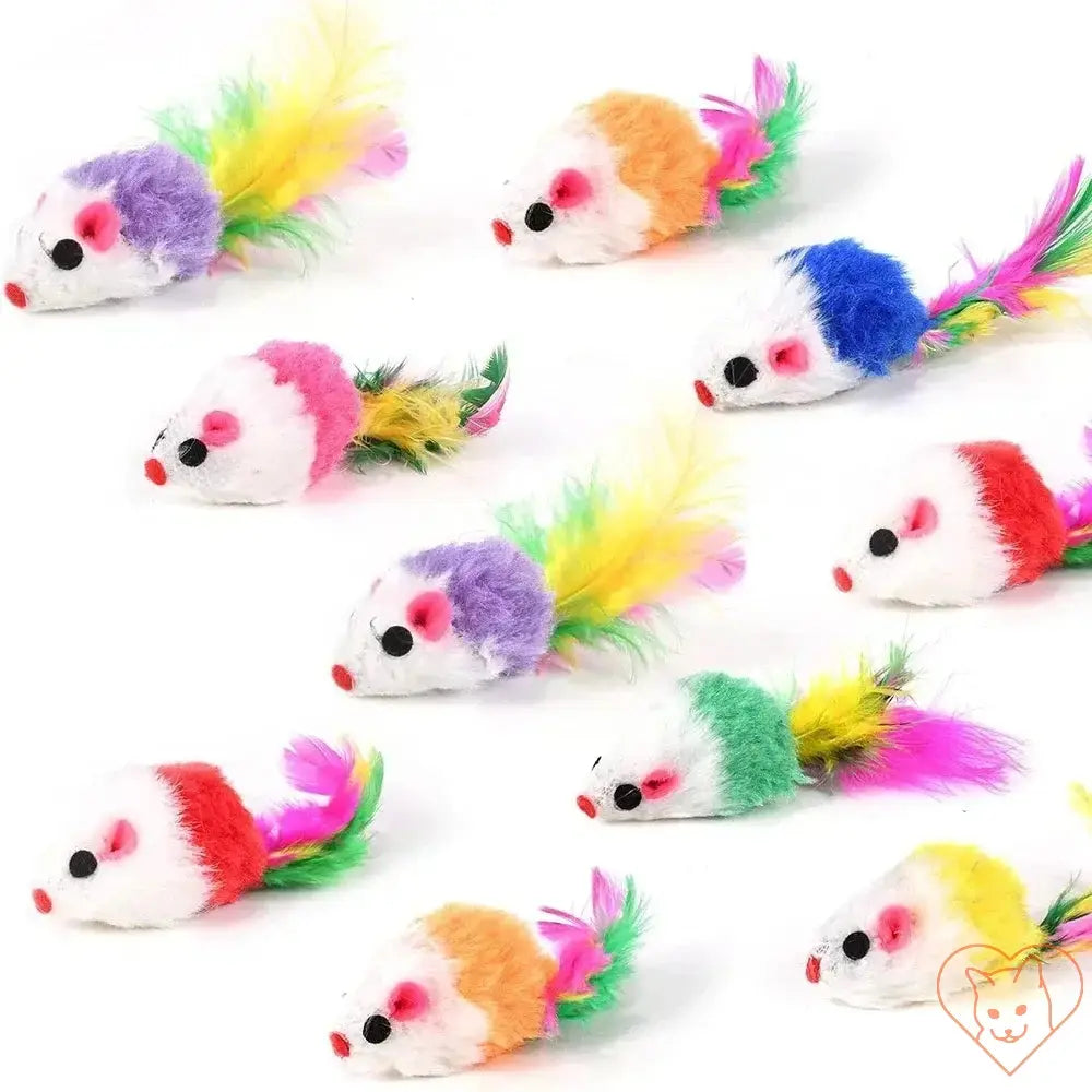 Colorful catnip rattle mouse toys in faux fur, perfect for feline fun and play. Set of 10 assorted colors.