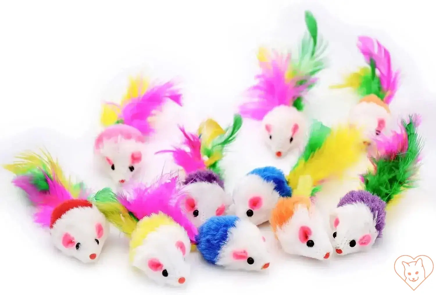 Colorful catnip rattle mouse toys, 10 faux fur mice with vibrant tails for playful indoor fun.