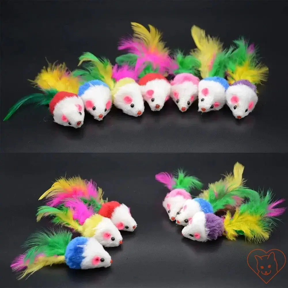 Colorful faux fur catnip rattle mouse toys, 10 pieces, with vibrant feathers for feline playtime.