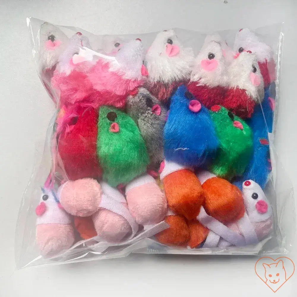 Colorful pack of 10 catnip rattle mouse toys made with faux fur, perfect for playful cats and kittens.