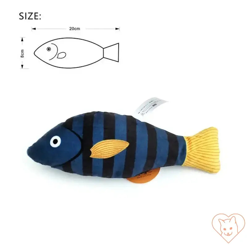 Catnip fish toy for cats, 20cm size, plush, striped design for play and relaxation.