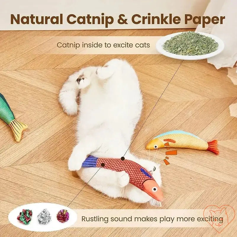 Cat playing with colorful fish-shaped catnip toys, highlighting natural catnip and crinkle paper for entertainment.