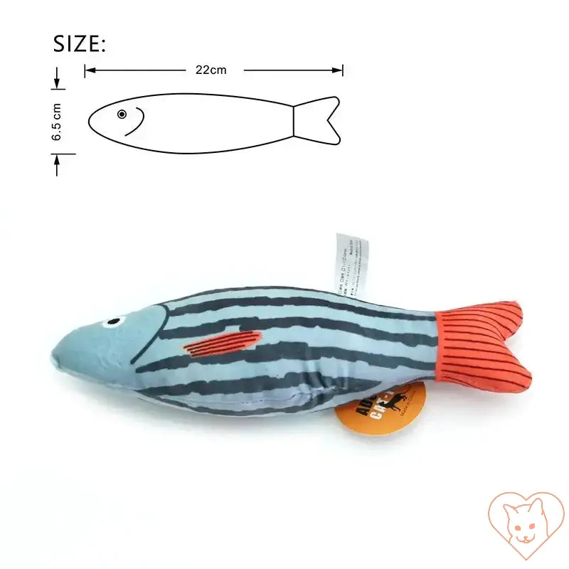 Plush catnip fish toy, 22cm long and 6.5cm wide, designed for fun and relaxation for cats.