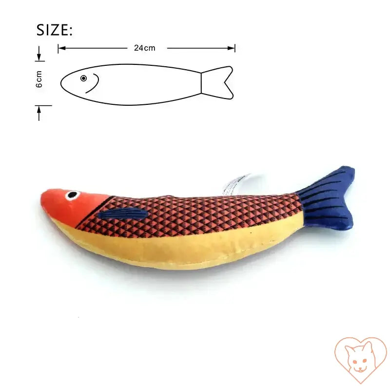 Colorful catnip-infused fish-shaped cat toy, 24cm long, perfect for feline play and relaxation.