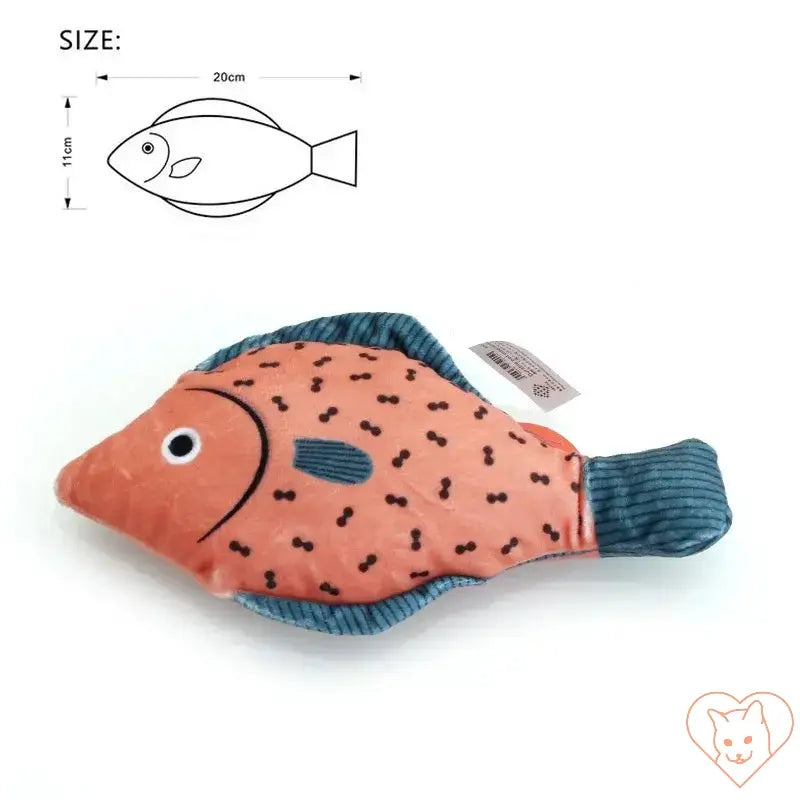 Catnip-filled fish-shaped toy for cats, designed for playful and relaxing fun, measuring 20cm x 11cm.