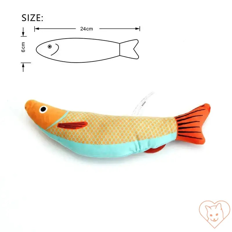 Catnip fish-shaped toy for cats, 24cm long, designed for play and relaxation.