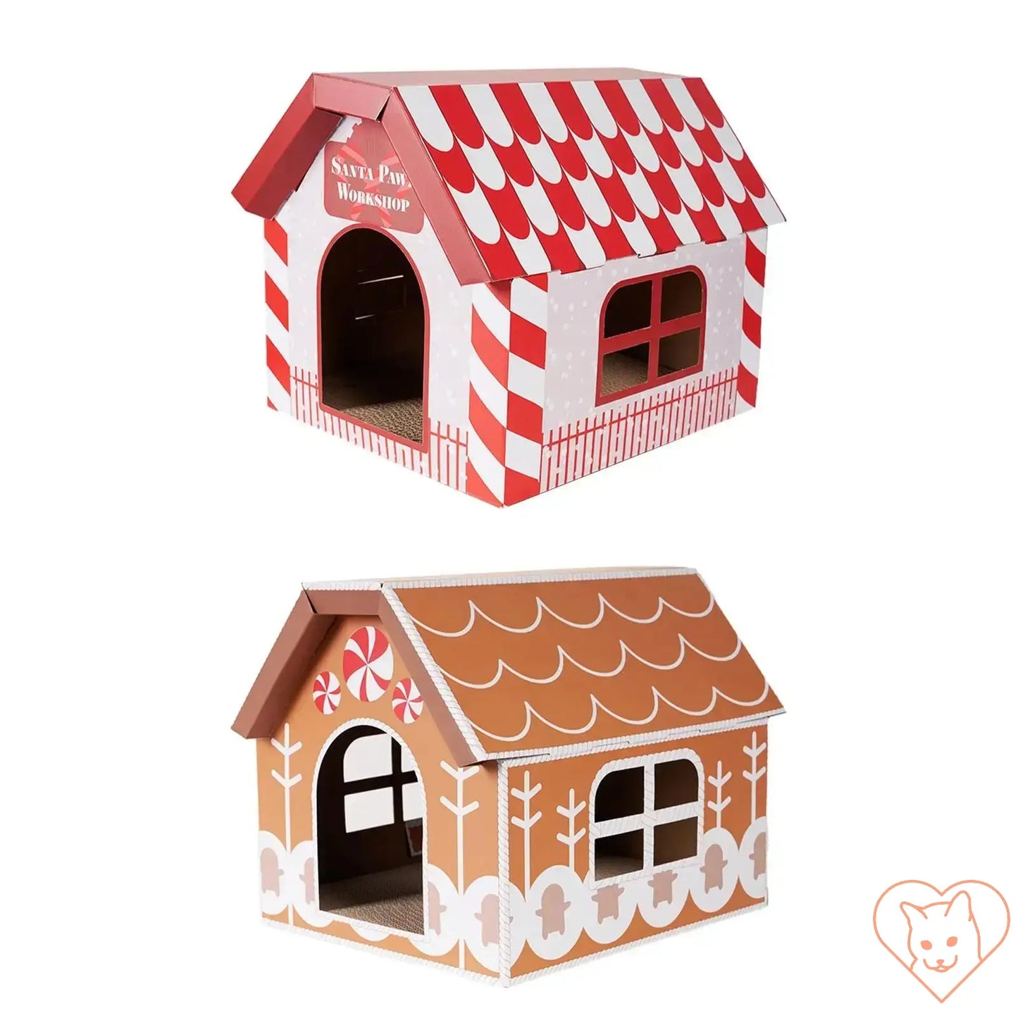 Festive Christmas cat scratcher house with gingerbread design and candy cane accents, perfect for holiday fun.