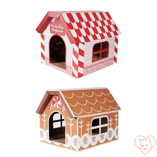 Festive Christmas cat scratcher house with gingerbread design and candy cane accents, perfect for holiday fun.