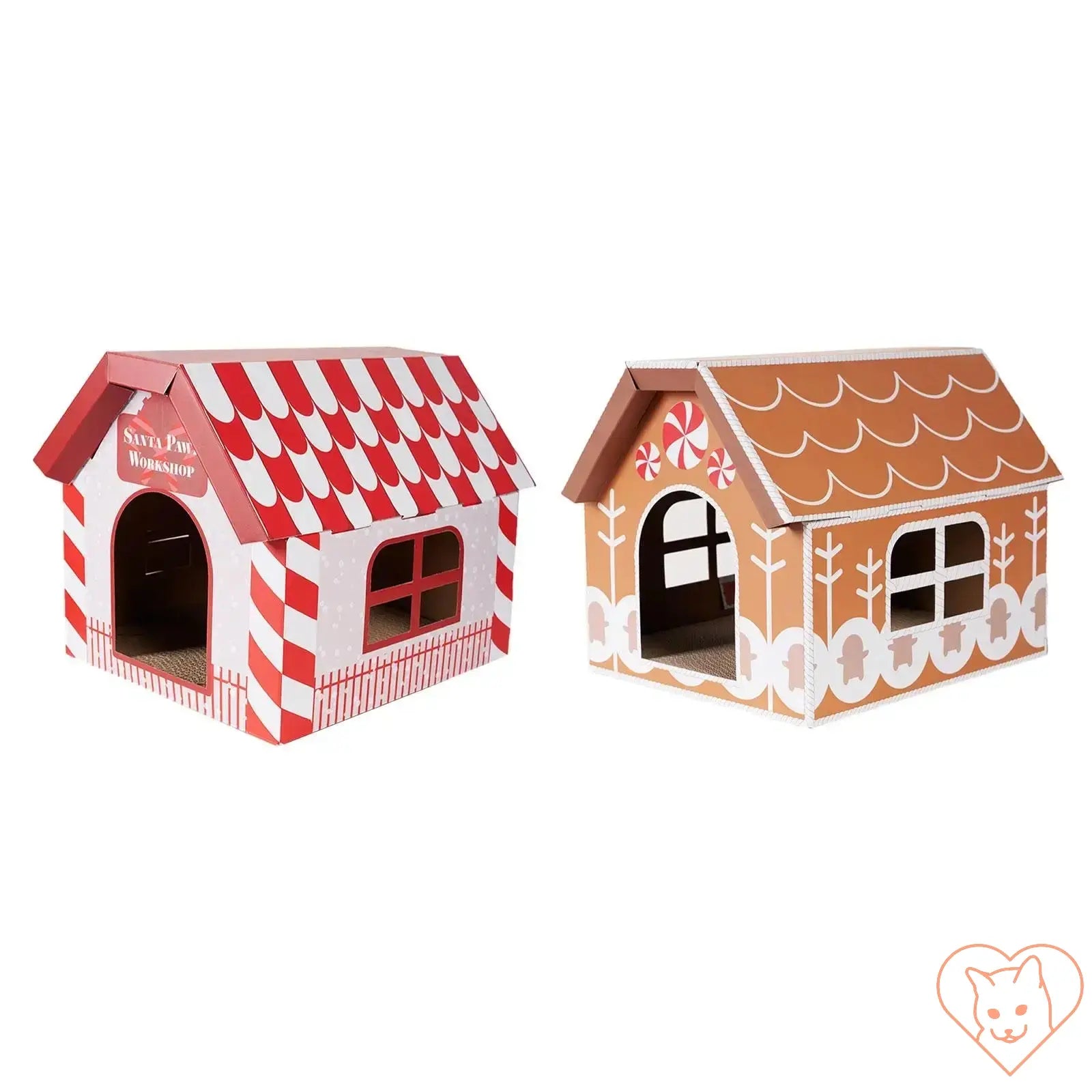 Adorable Christmas cat scratcher house in gingerbread style with festive design and cozy hideout for pets.