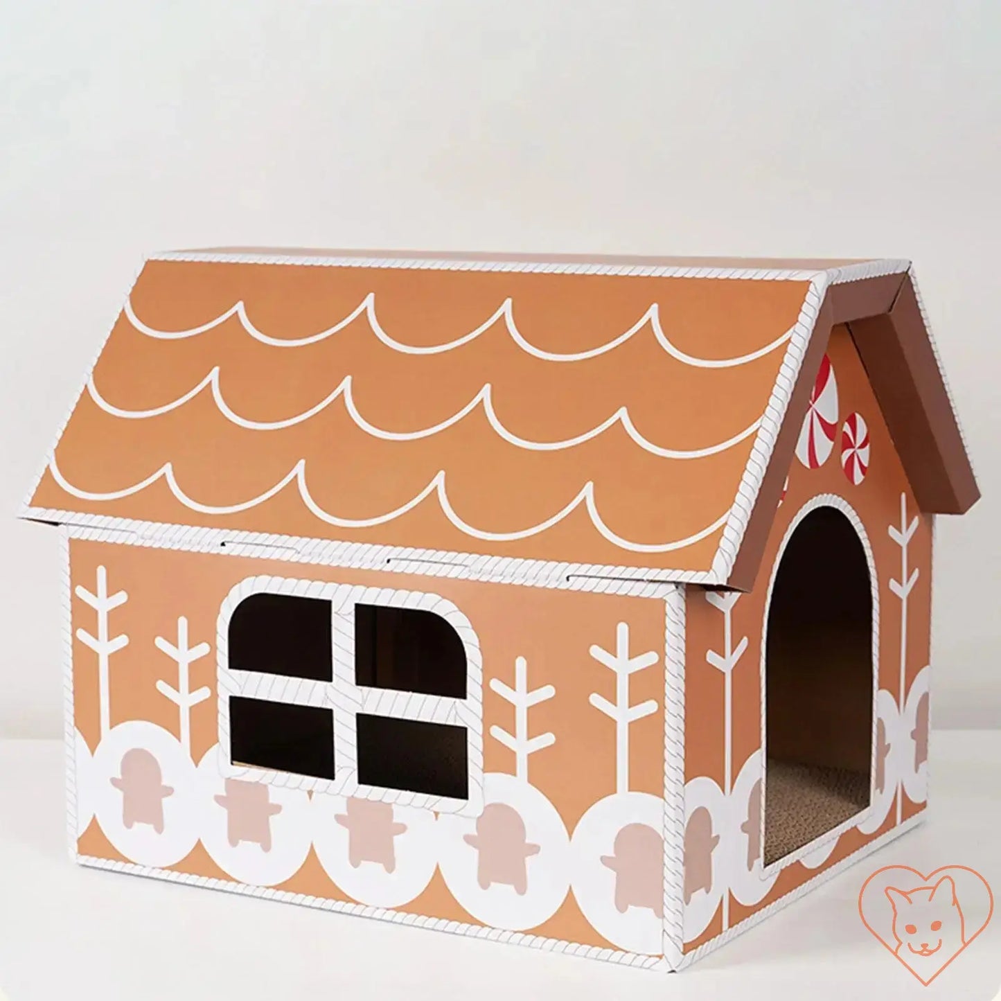 Festive Christmas Cat Scratcher House designed like a gingerbread house, perfect for cozy cat naps and scratching.