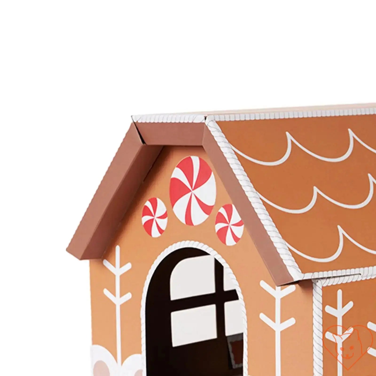 Festive Christmas cat scratcher house with gingerbread design and peppermint accents.