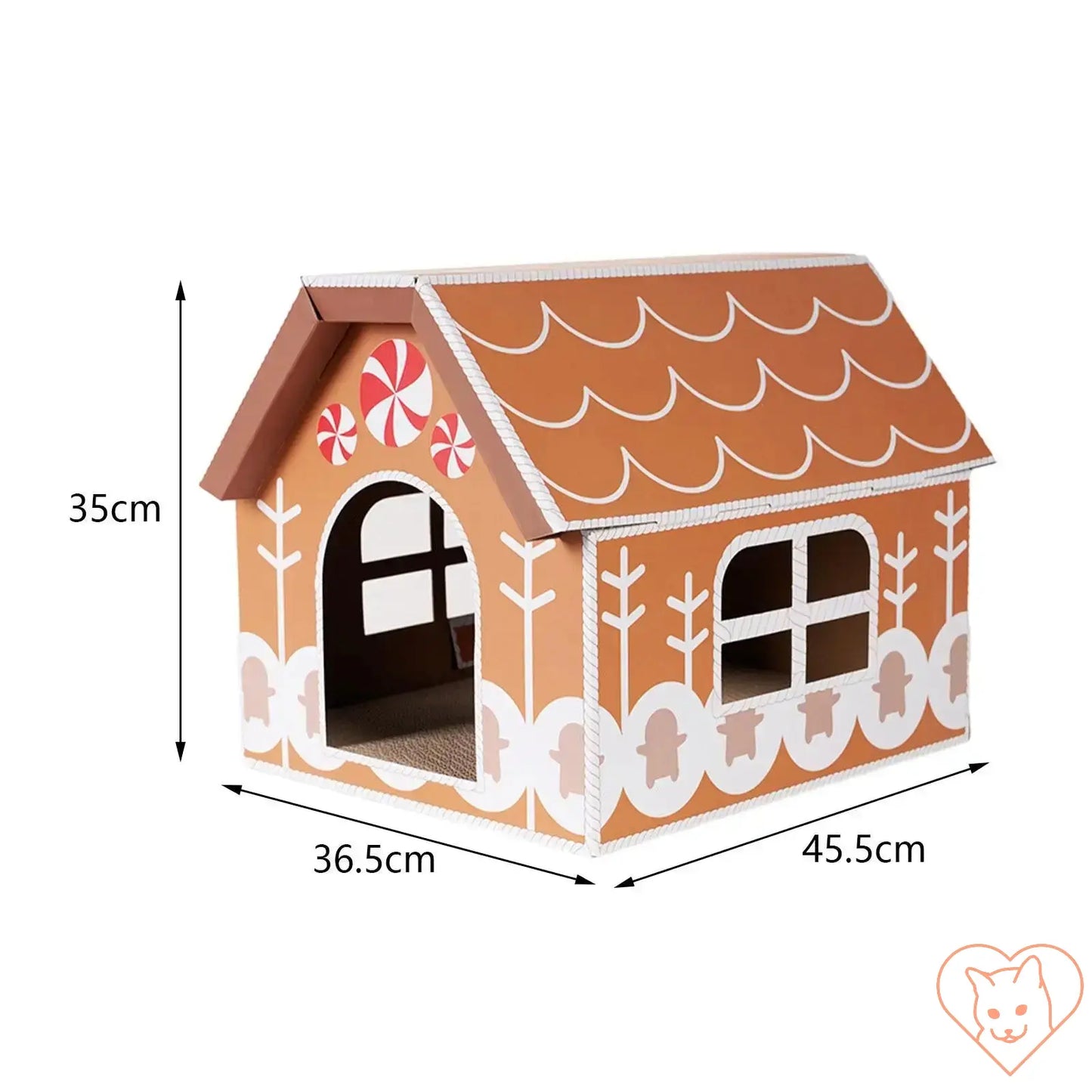 Gingerbread-inspired Christmas cat scratcher house, cozy bed for pets, festive holiday decoration, dimensions 36.5x45.5x35cm.