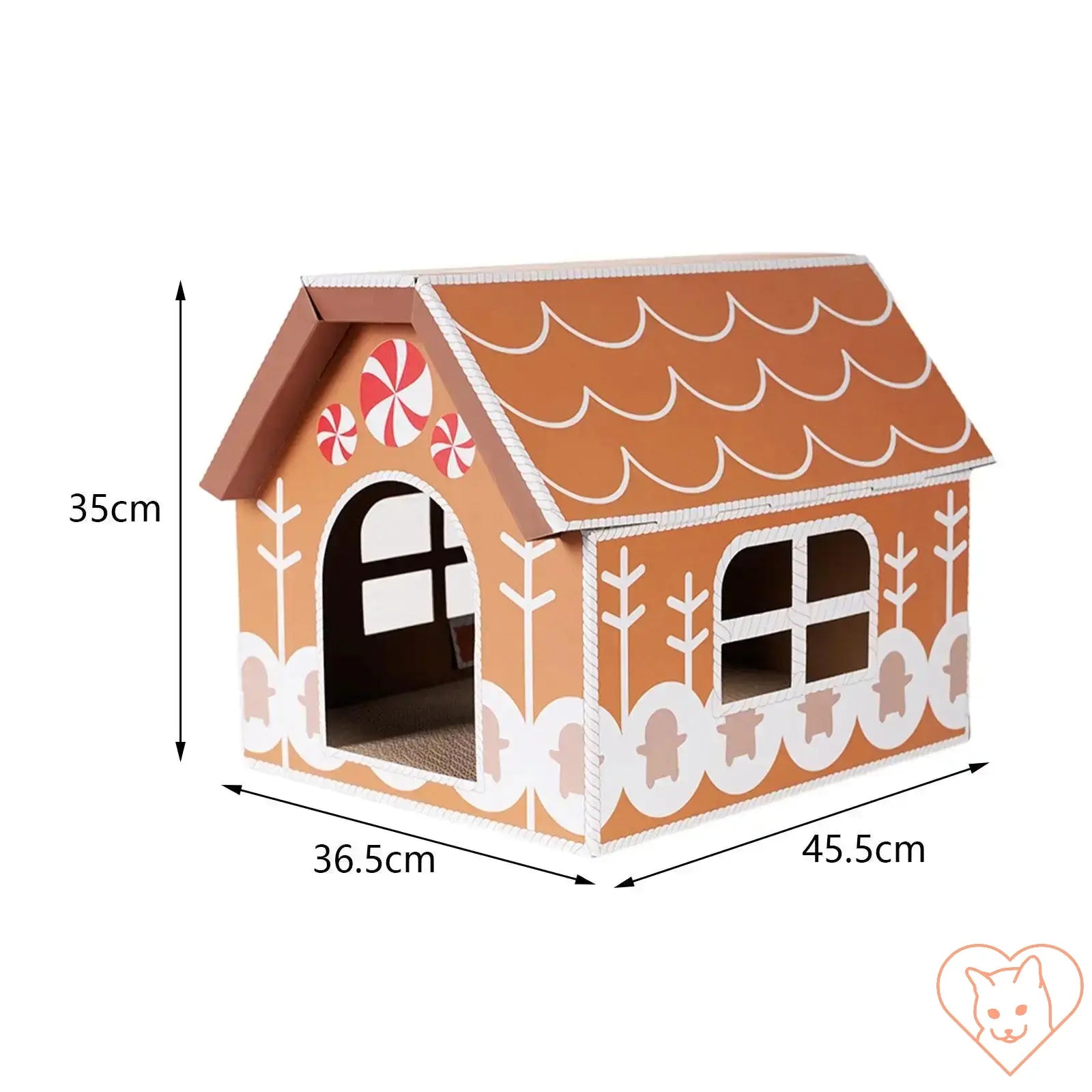 Gingerbread-inspired Christmas cat scratcher house, cozy bed for pets, festive holiday decoration, dimensions 36.5x45.5x35cm.