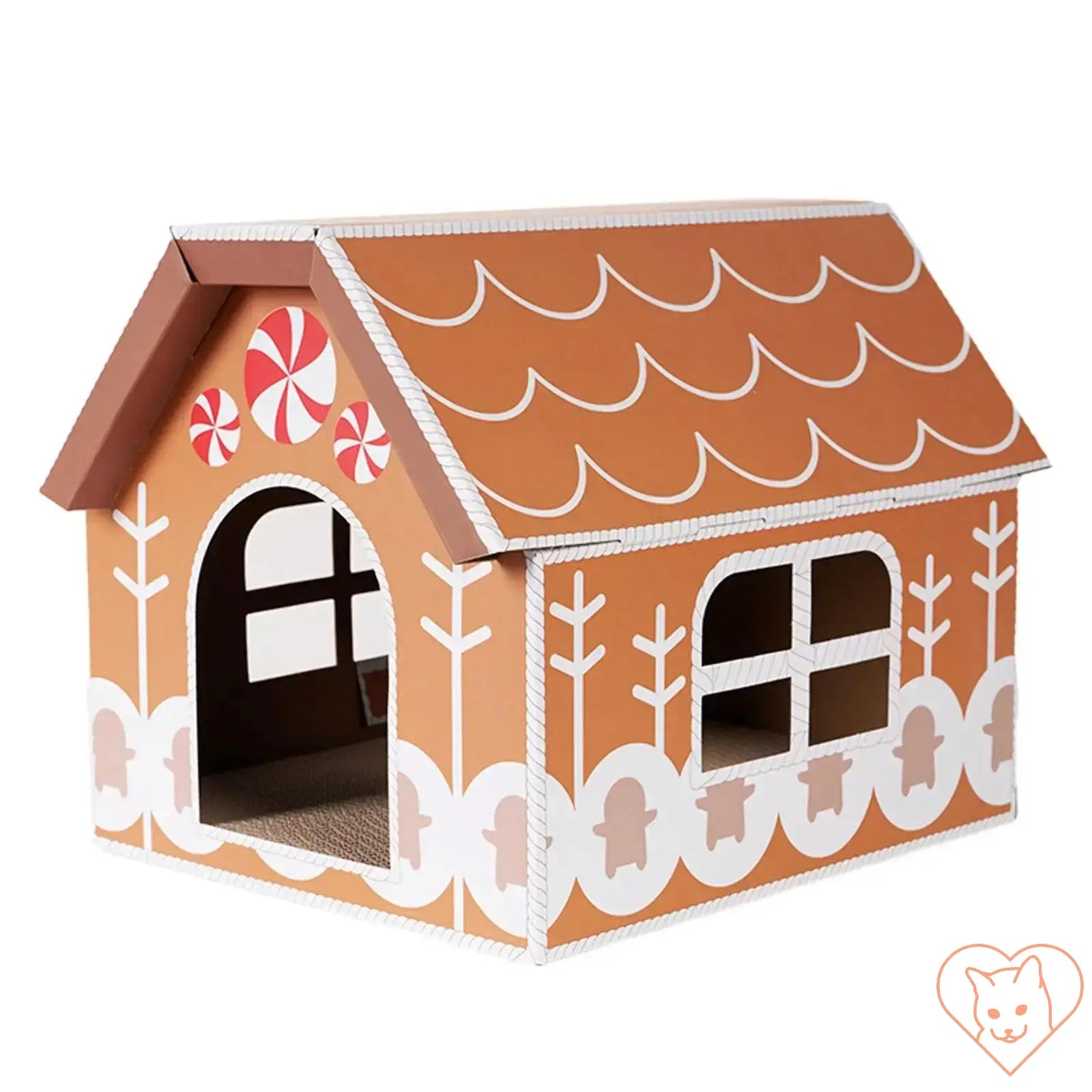 Gingerbread-inspired Christmas cat scratcher house with peppermint decor and cozy hideout for pets.