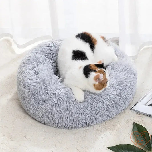 Cozy circular cat bed with plush insulation, featuring a calico cat resting comfortably inside.