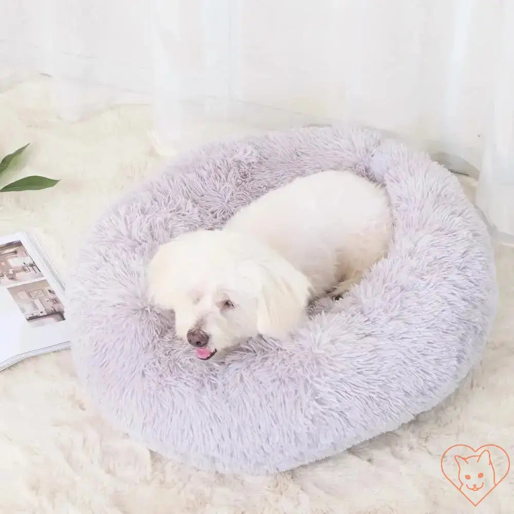 Plush circular dog bed with fluffy insulation, featuring a white dog comfortably resting inside.