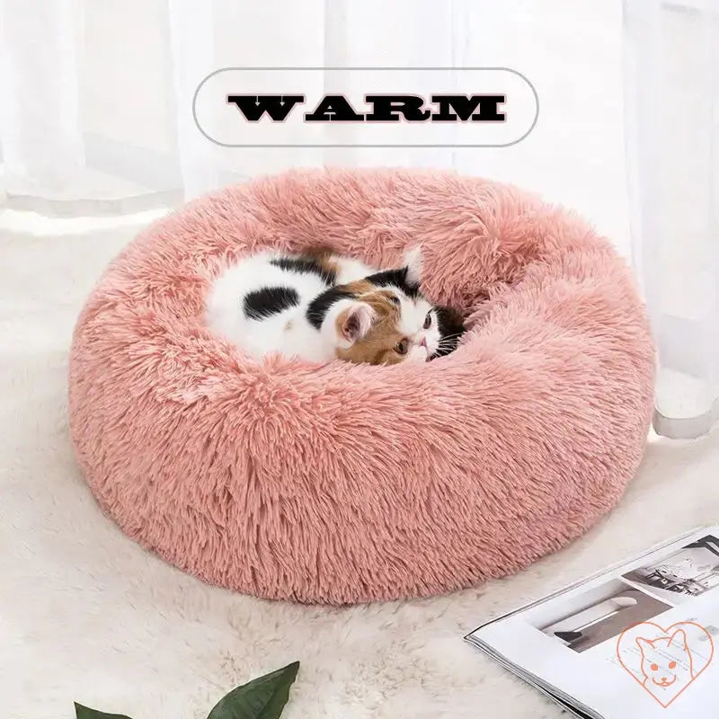 Cozy kitty lounging in a soft, plush circular cat bed in pastel pink.