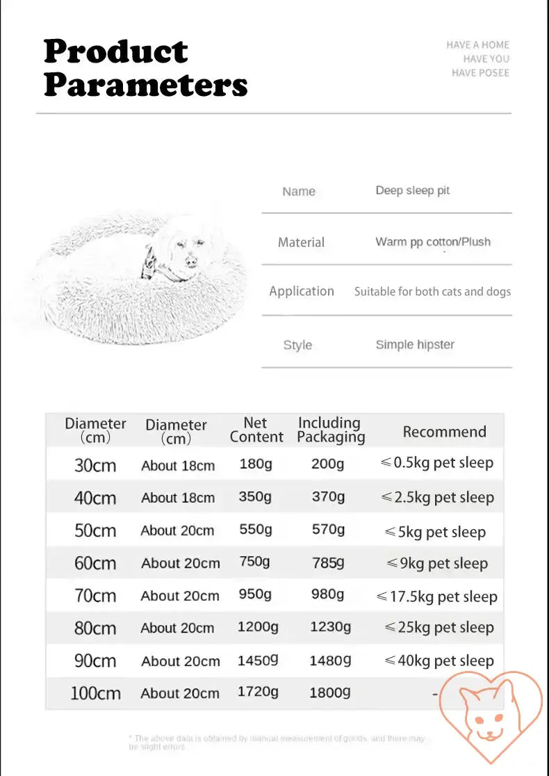 Product parameters for a deep sleep pet bed, including sizes and recommended pet weights for dogs and cats.