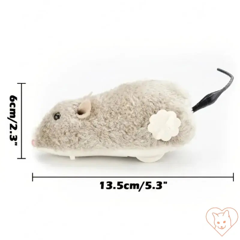 Clockwork Mouse Cat Toy, soft plush design, dimensions 13.5cm x 6cm, interactive battery-free pet toy for cats.