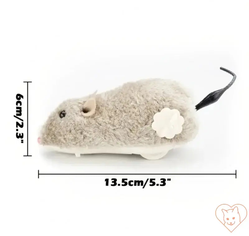 Clockwork mouse cat toy dimensions with soft plush and durable plastic design, 13.5cm long and 6cm high.