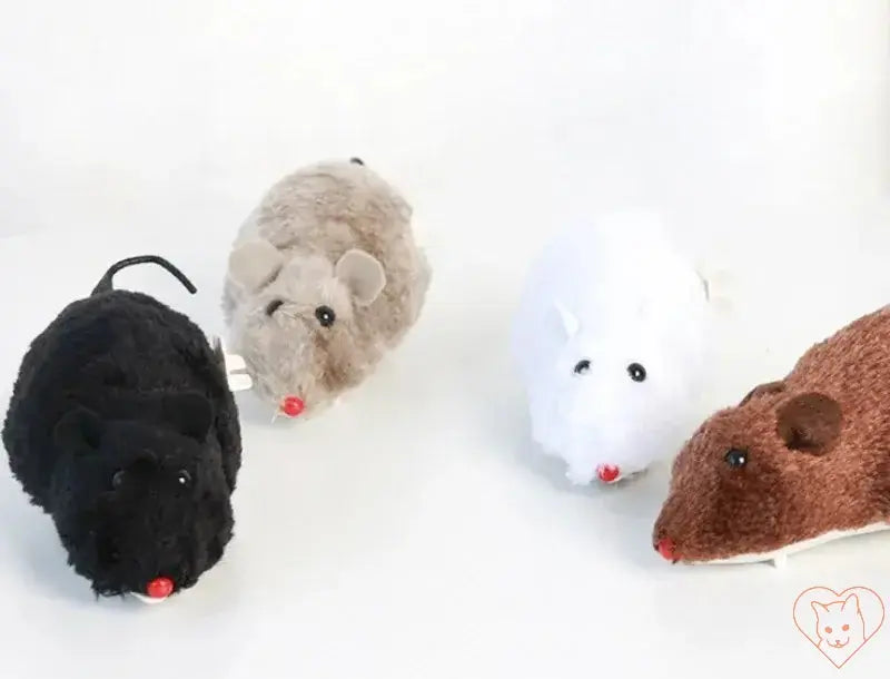 Four plush clockwork mouse cat toys in black, brown, gray, and white, designed for interactive play.