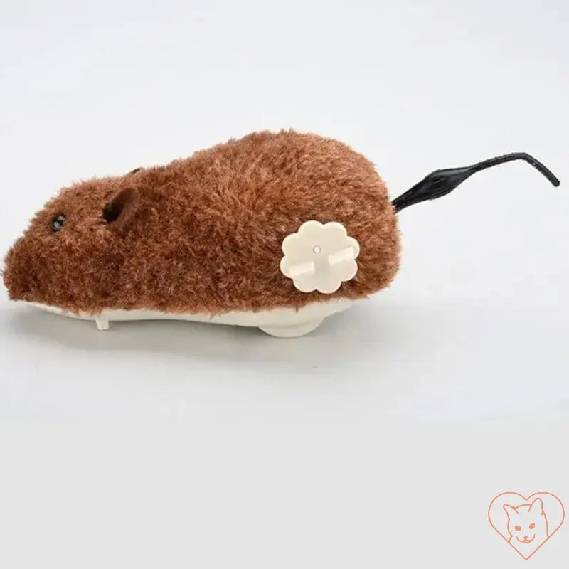 Clockwork mouse cat toy in brown plush, designed for interactive and battery-free play with cats.