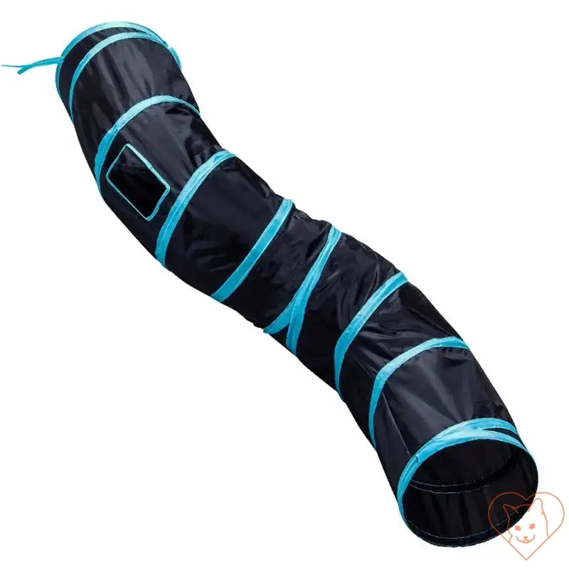 Collapsible cat tunnel in black and blue, perfect for indoor and outdoor play, designed for cats and small pets.