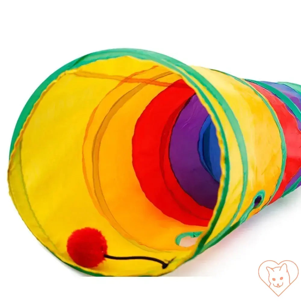 Colorful collapsible cat tunnel showing multiple colors and a playful pom-pom for interactive pet fun.