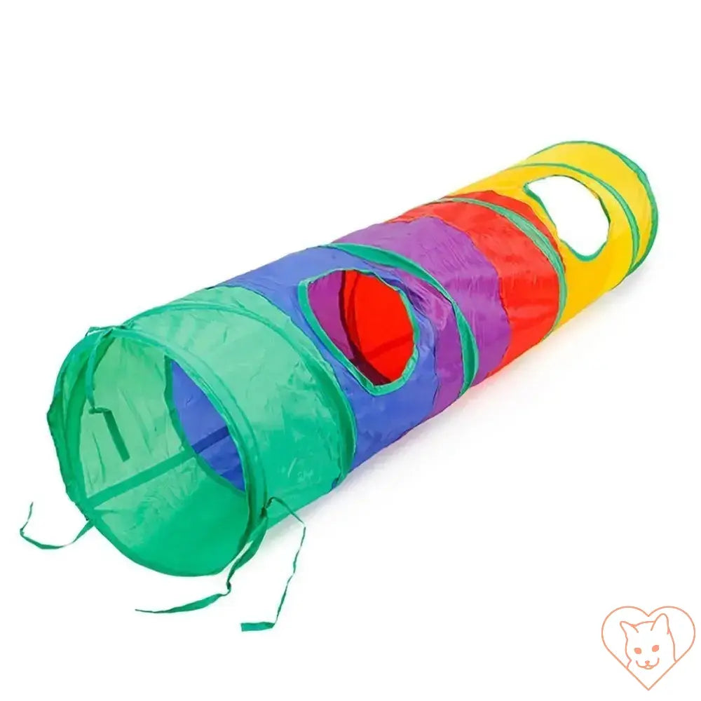 Colorful collapsible cat tunnel for indoor and outdoor pet play, featuring multiple openings for exploration and fun.