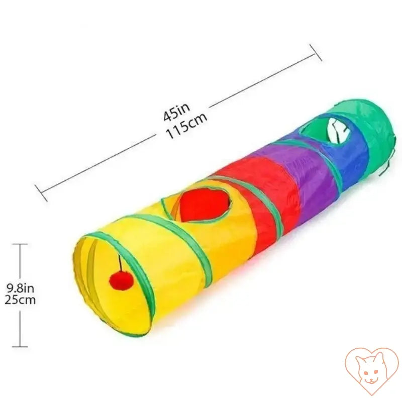 Colorful collapsible cat tunnel for indoor and outdoor play, measuring 45in x 9.8in, featuring openings for exploration.