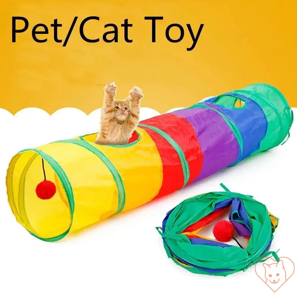 Colorful collapsible cat tunnel with playful kitten and pom-pom toy, ideal for indoor and outdoor pet fun.