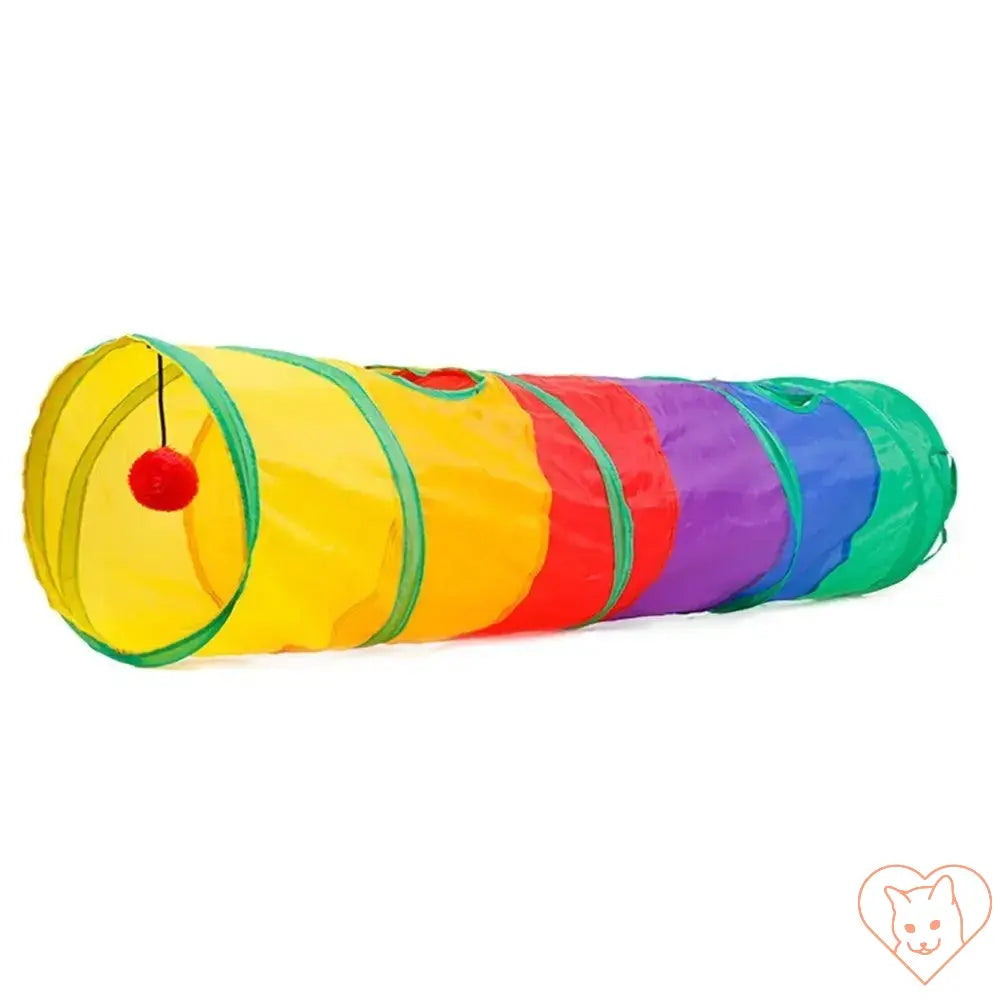 Colorful collapsible cat tunnel with a red pom-pom for interactive indoor and outdoor play. Ideal for cats and small pets.