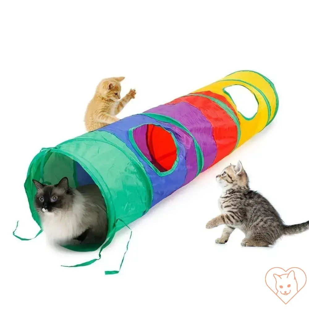 Colorful collapsible cat tunnel with kittens playing, ideal for indoor and outdoor pet fun. Durable and lightweight design.