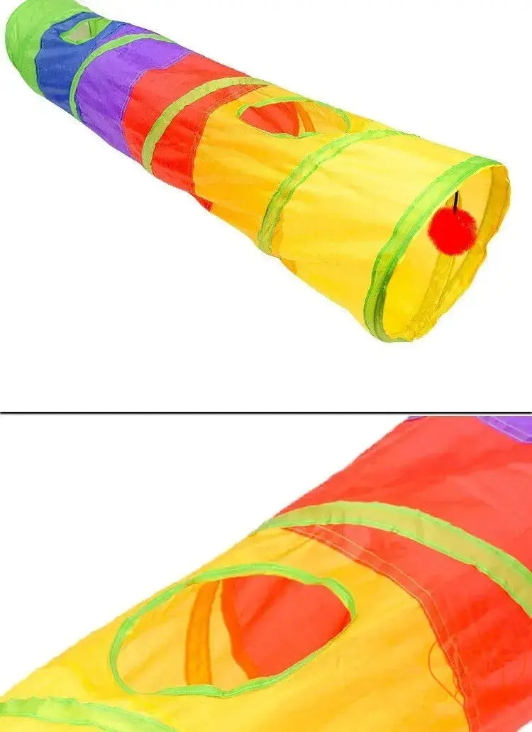 Colorful collapsible cat tunnel featuring multiple openings for playful indoor and outdoor adventures.