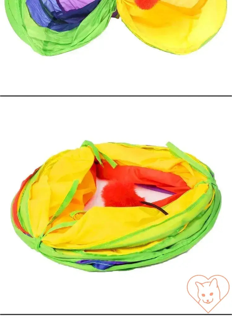 Collapsible cat tunnel in vibrant colors, showcasing its compact, folded design for easy storage and portability.