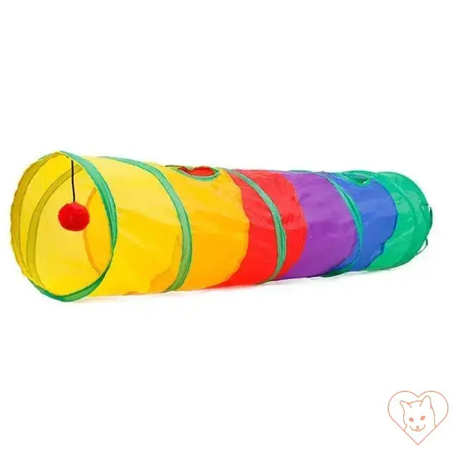 Colorful collapsible cat tunnel with a playful ball, perfect for indoor and outdoor pet play.